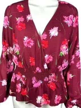 Boho floral wrap peplum wine pink vneck blouse XL